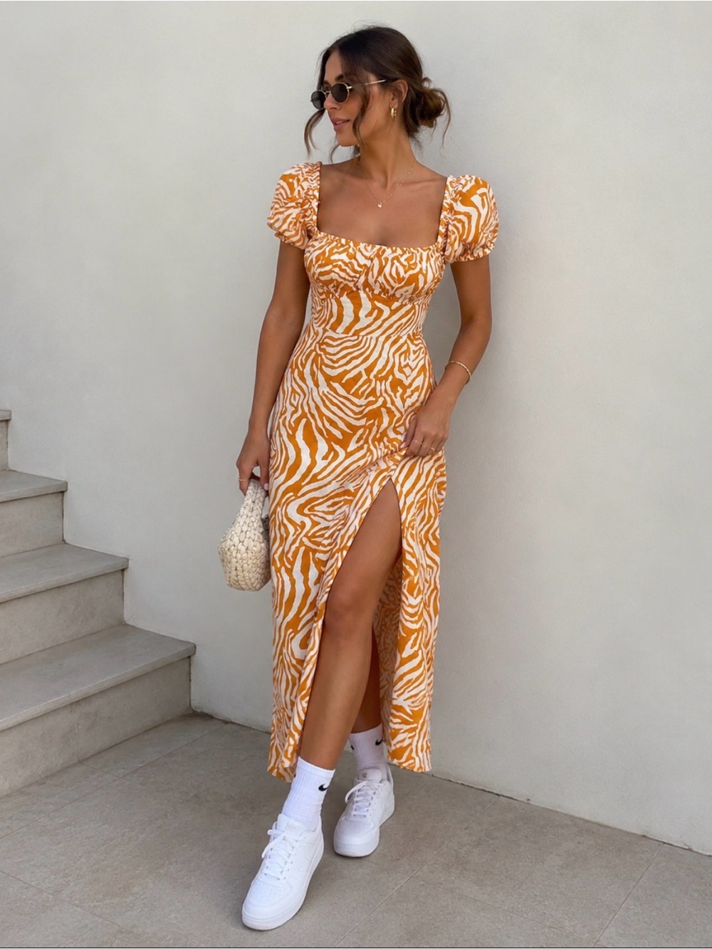 Square Neck Puff Sleeve Maxi Dress in Mustard Zebra